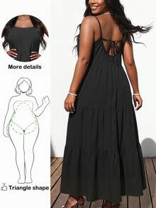 Truni Plus-Size Women's Black Summer Boho Backless Dress, Casual Sleeveless Ruffled Hem Vacation Holiday Spring 2026 Carnival Outdoor Wear - Black - View 1