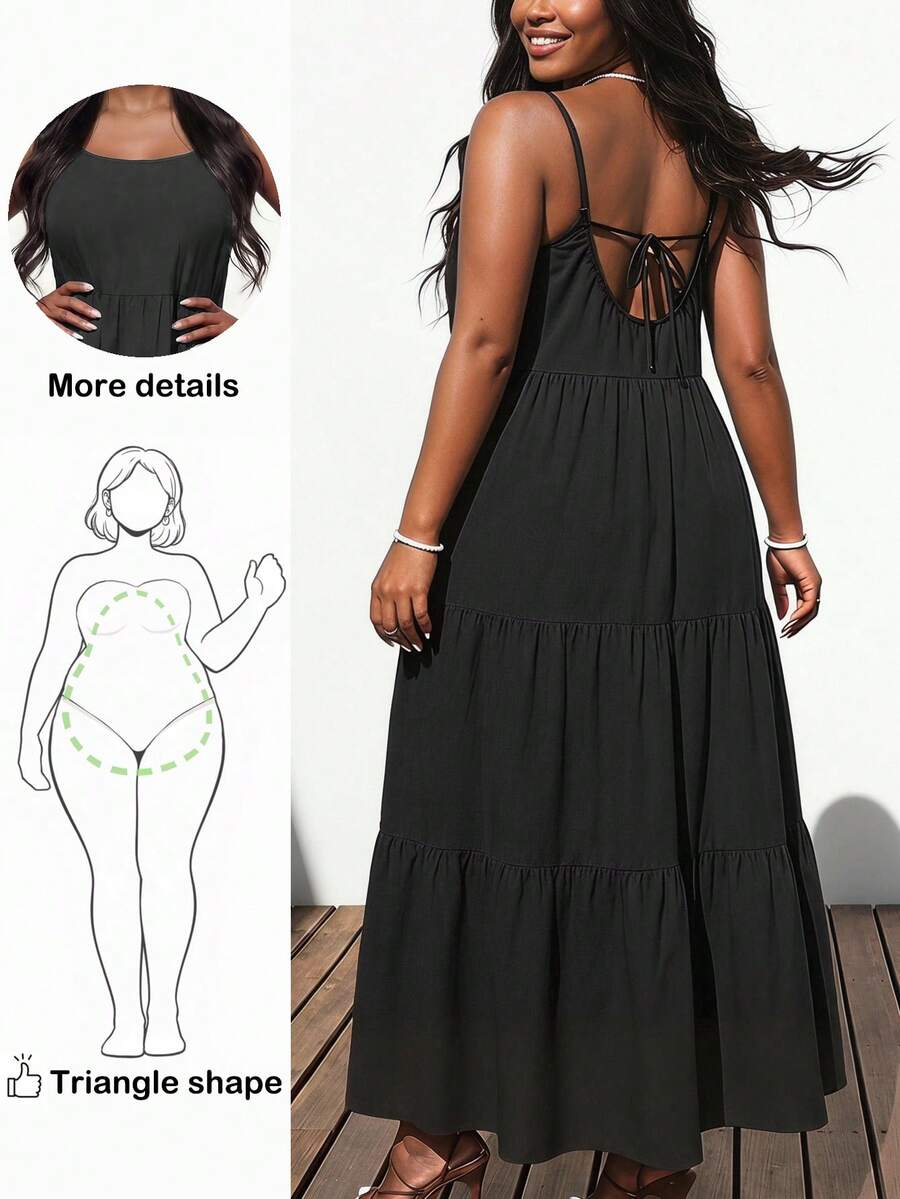 Truni Plus-Size Women's Black Summer Boho Backless Dress, Casual Sleeveless Ruffled Hem Vacation Holiday Spring 2026 Carnival Outdoor Wear - Black - View 1