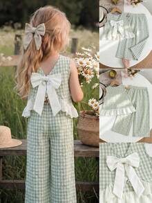 Emery Rose Kids Emery Rose Kids 少女編織格紋圓領休閒背心與長褲2件組 - 綠色 - 查看 13
