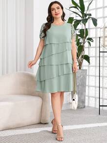 Reflora Đầm nữ size lớn màu xanh xám mùa hè thanh lịch cho khách mời đám cưới, cổ tròn, gấu xếp ly nhiều lớp, trang phục dạ hội sang trọng cho tiệc chính thức và lễ tốt nghiệp - màu xanh lá - Xem 8