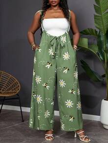 SHEIN Clasi Plus Size Women's Green Floral Print Jumpsuit Summer Boho Vacation Casual Elegant Wedding Guest Party Dress - Green - View 4
