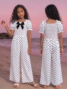 1 buah Jumpsuit Anak Perempuan Motif Polkadot Hitam Putih Lengan Mengembang dengan Hiasan Pita, Cocok untuk Pantai, Makan Siang Akhir Pekan, Pesta, Musim Semi/Panas - Putih - View 4