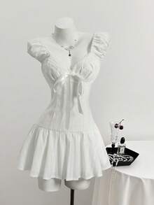 Flirla Sweet Spicy Solid Color Lace Trim V-Neck Bow Tie Fitted 100 Cotton Summer Mini Dress For Women Vacation All White Cottage Core - White - View 3