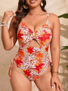 Slaydiva Traje de baño de una pieza con estampado de leopardo y floral, talla grande - Multicolor - Ver 1