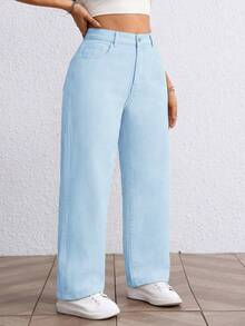 SHEIN EZwear 大尺碼女款無彈力淺藍色直筒牛仔褲 寬鬆顯瘦中腰休閒牛仔褲 女款牛仔褲 - 藍色 - 查看 4