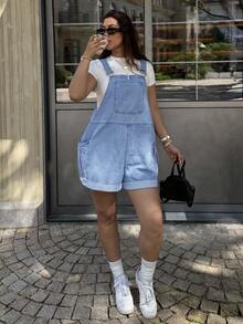 SHEIN CURVE+ Plus Size Women's Cargo Pocket Casual Denim Overalls Shorts - Light Wash - View 7
