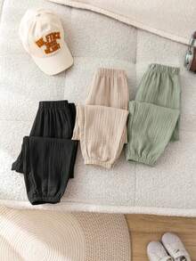SHEIN LMoss Kids 3件/套可愛休閒百搭舒適親膚柔軟純色鬆緊腰長褲套裝，適合青少年男孩和女孩，適用於春、夏、秋季，日常穿著、外出、學校、派對和假期 - 彩色 - 查看 5