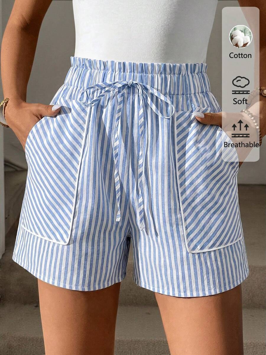 Easowa 女款夏季馬卡龍色條紋腰綁帶口袋休閒保守性感少女風短褲,海灘度假高爾夫藍白條紋 - 淺藍色 - 查看 1