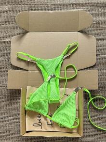 SHEIN Swim 2026春夏 三角杯掛脖式 萊姆綠紋理布料 小硬幣裝飾 高衩可調節 性感熱帶比基尼 女款 海灘派對 - 綠色 - 查看 1