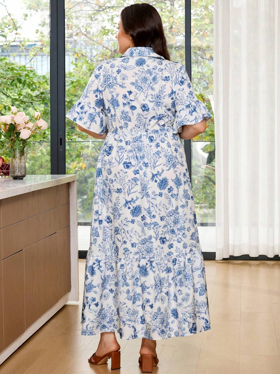 Women's Printed Mid-Sleeve Long Dress