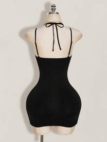 SHEIN ICON Women's Summer Sexy Lace Patchwork Backless Halter Neck Fitted Mini Dress - Black - View 2