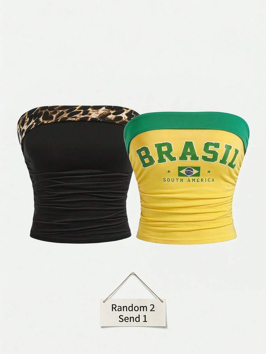 SHEIN 少女休闲运动风都市字母 BRAZIL 图案撞色滚边修身露背背心,运动休闲基础款 - 黃色 - 查看 1