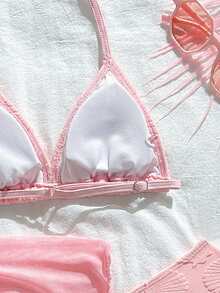SHEIN 女童泳衣套裝 3 件組 粉色系列 兒童分體比基尼泳裝 海灘度假派對 春夏款 - 彩色 - 查看 5