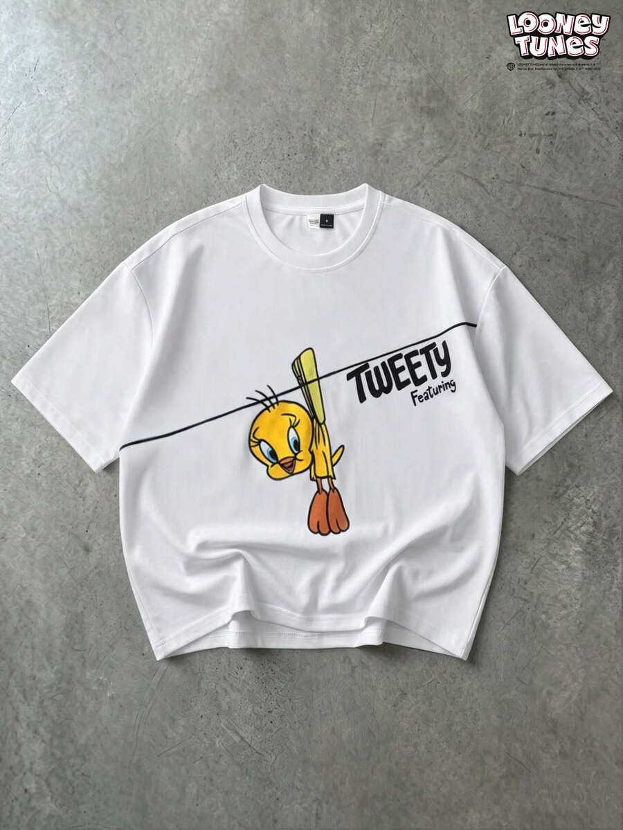 LOONEY TUNES X SHEIN PAVTROS 男士联名短袖T恤,露脐廓形,复古简约休闲风,充满怀旧幽默,休闲百搭,适合学生、通勤、外出、运动、节日礼物 - 白色 - 查看 1