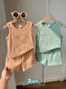 Cozy Pixies 嬰兒男孩嬰兒女孩紋理壓花可愛動物圖案寬鬆背心休閒運動短褲套裝 2 套 - 彩色 - 查看 3