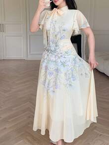Modelyn 女款繫帶收腰抓皺碎花印花大裙擺洋裝 - 淡黃色 - 查看 7