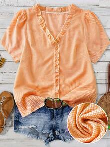 Linhara Women's Plus Size Solid Color Textured Fabric V-Neck Short Sleeve Casual Regular Shirt Going Out Tops Vacation Club - Orange - View 1