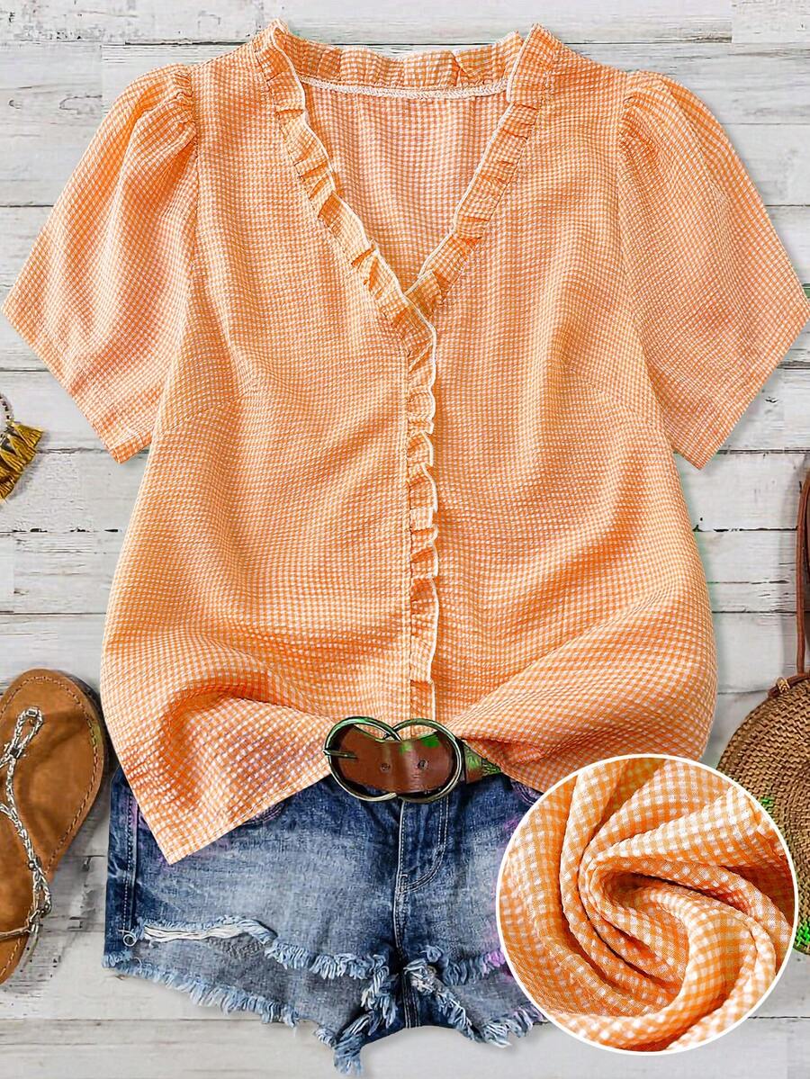 Linhara Women's Plus Size Solid Color Textured Fabric V-Neck Short Sleeve Casual Regular Shirt Going Out Tops Vacation Club - Orange - View 1