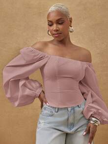 Vixey Blusa de tejido sólido con hombros abullonados y volumen - Rosa vieja - Ver 5