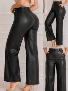 Wide Leg Vinyl Pants - Black - View 1
