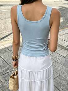 Selianne Women's Spring/Summer V-Neck Lace Patchwork Shoulder Strap Metal Decor Casual Elegant Romantic Beach Brunch Vacation Solid Color Tank Top Light Blue - Blue - View 2