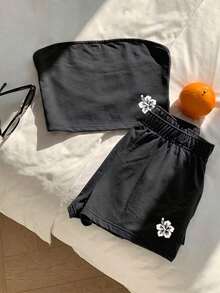 Comfortcana Bộ 2 món họa tiết hoa phong cách thường ngày mùa hè, 95% cotton, phù hợp cho mùa hè - màu đen - Xem 3