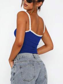 Sundraya Women's Summer Casual Slim Fit Color Block Lace Camisole - Blue and White - View 2