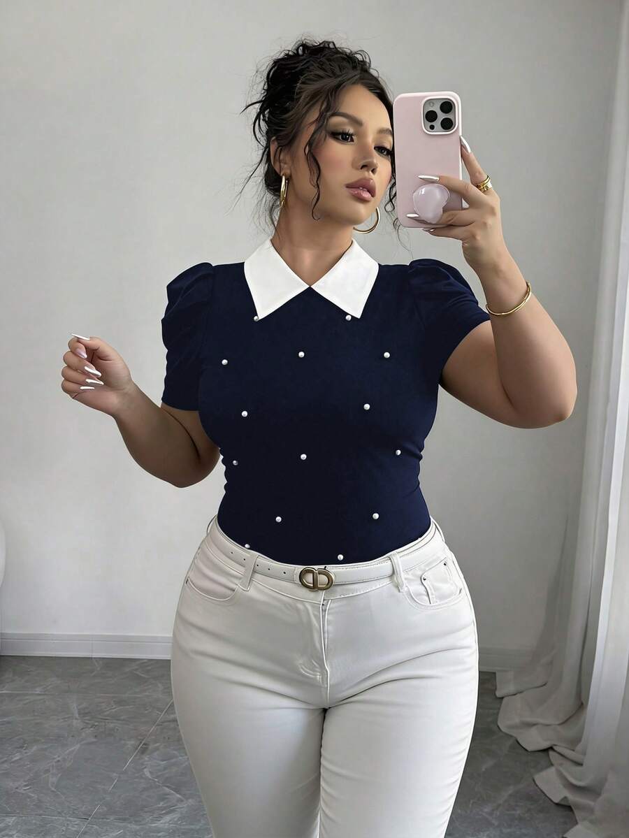 Elenzga 夏季珍珠裝飾 3D 泡泡袖法式復古風短版修身大尺碼 T-shirt - 寶藍色 - 查看 1