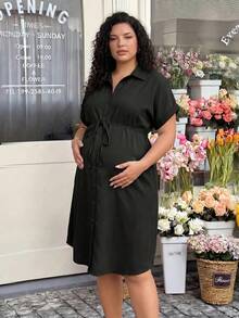 Plussiva 孕妇加大码简约基础款单排扣系带休闲连衣裙 - 黑色 - 查看 2