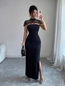 SHEIN Elenzya Fitted Strapless Dress With Lace Stand Collar And Solid Color Cut - Black - View 3