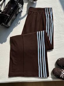 Comfortcana Comfortable Plus Size Green Striped Knit Sweatpants With Drawstring, Suitable For Casual Wear. - Multicolor - View 6