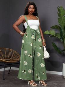 SHEIN Clasi Plus Size Women's Green Floral Print Jumpsuit Summer Boho Vacation Casual Elegant Wedding Guest Party Dress - Green - View 6