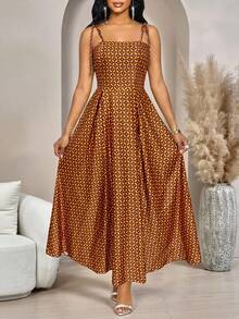 SHEIN Lady Women's Retro Geometric Print Suspender Dress Holiday Outfits For Women Summer Dresses Beach Casual Brown Skirt - Ginger - View 6