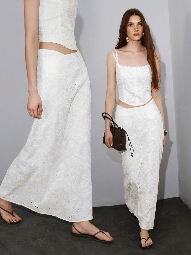 VACATION LOW WAIST WIDE WAISTBAND A-LINE EMBROIDERED COTTON SKIRT, SPRING/SUMMER