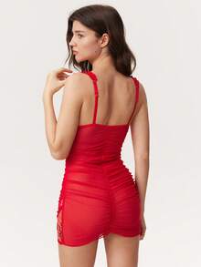 Elorette 2pcs/Set Sexy Wrinkled Frilly Lace Trim See-Through Chemise Nightgown Babydoll With Panty, For Christmas Bridallingerie - Red - View 2