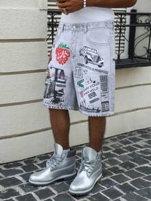 Manfinity EMRG Men's Hip Hop Street Style 3D Print Washed Denim Shorts - Grey - View 8