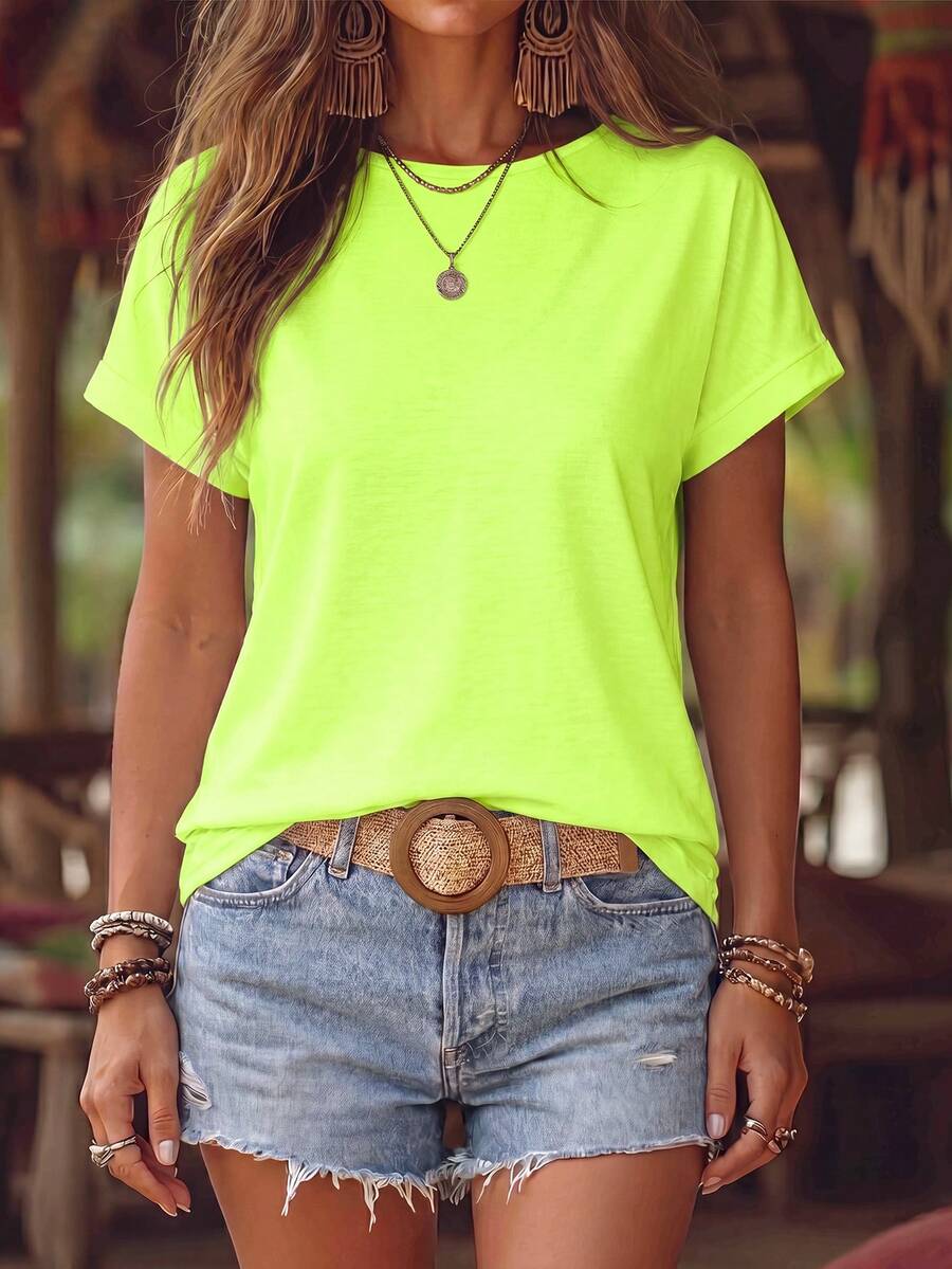 EMERY ROSE Kaos Wanita Warna Hijau Neon Leher Bulat Lengan Pendek Kasual Serbaguna untuk Liburan Musim Panas - Hijau - View 1