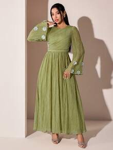 Veilorie Women's Textured 3D Floral Decor Pleated Vacation Dress - Green - View 2