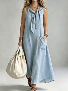 Linhara CURVE Modisches lässiges lockeres hellblaues Kleid mit Bindeband am Ausschnitt, ärmellos, große Größen - Babyblau - Übersicht 3