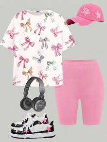 Emery Rose Kids Emery Rose Kids 2 件套 Tween 女童休闲蝴蝶结设计宽松短袖 T 恤和短裤，夏季服装 - 彩色 - 查看 5