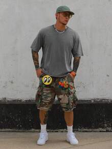 DAZY 男士短袖短版深灰色水洗做舊夏季T恤 - 灰色 - 查看 3