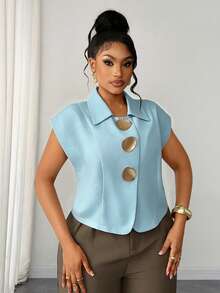 Maweii Blusa elegante de talla grande con diseño romántico y hebilla de metal estilo francés para ir al trabajo - Azul - Ver 4