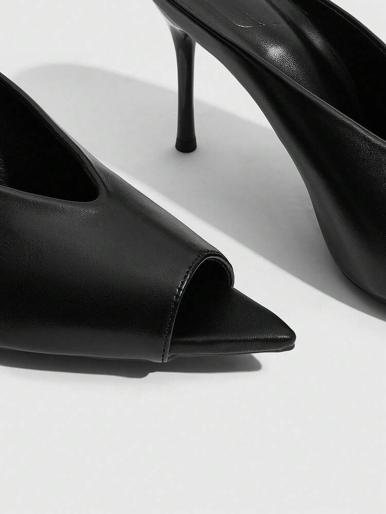 CUCCOO SZL Women Shoes Spring And Summer New Black Leather Peep Toe Stilettos Mules Shoes, Pointed Toe Low Vamp High Heel Sandals, Minimalist High Style, Daily Commuting Dating Shoes, Bar Dancing Banquet Dress Shoes, Cool Sa Temperament Versatile Outer Wear Women's Shoes