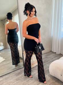 Dayanna Comas 女款性感優雅黑色蕾絲兩件套，包含厚羅紋抹胸上衣與蕾絲喇叭褲，高彈性面料修身顯身材，適合夏季 - 黑色 - 查看 5