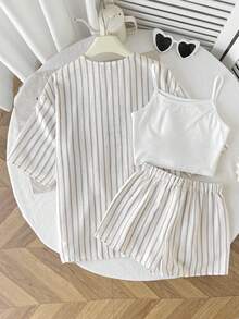 SHEIN 青少年女孩吊帶上衣、米白色條紋中袖和服襯衫與蝴蝶結裝飾短褲2件套，休閒熱帶夏季度假穿搭 - 卡其色 - 查看 4