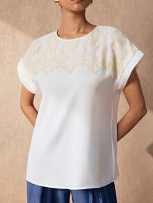SHEIN Uhlyne Women's Contrast Lace Round Neck Batwing Sleeve Casual Elegant Blouse Office White Summer - White - View 5