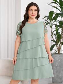 Reflora Đầm nữ size lớn màu xanh xám mùa hè thanh lịch cho khách mời đám cưới, cổ tròn, gấu xếp ly nhiều lớp, trang phục dạ hội sang trọng cho tiệc chính thức và lễ tốt nghiệp - màu xanh lá - Xem 11