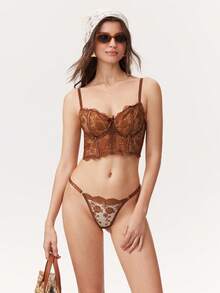 Elorette 2件套女士白色浪漫长款文胸内衣套装 - 咖啡棕 - 查看 4