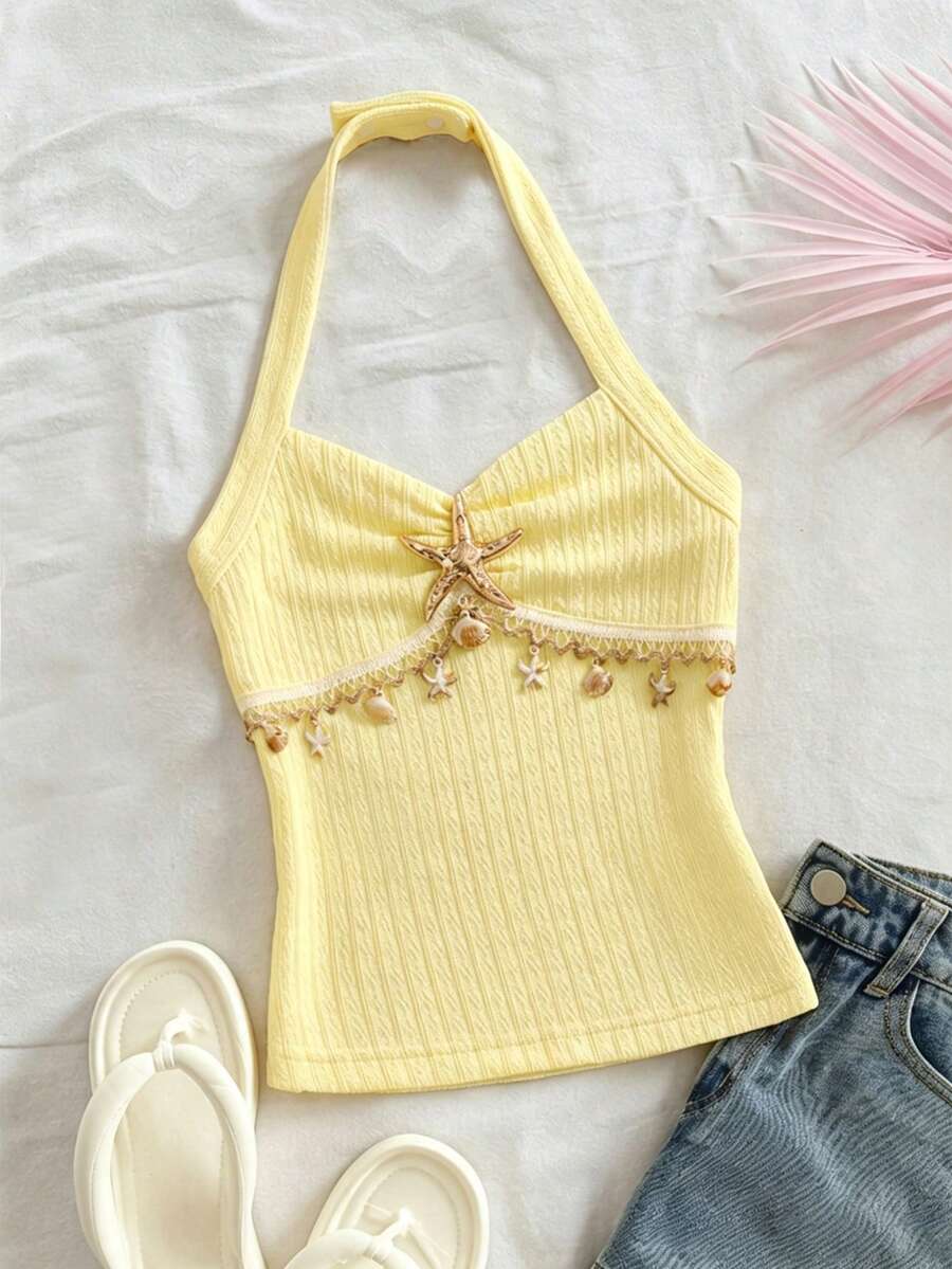 Elladie kids Tween Girls Yellow Summer Cute Beach Holiday White Starfish Halter Neck Cropped Top,Ruched Fitted Blouse With Starfish Decor,Faux Pearl Chain Blouse