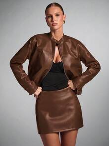 SHEIN BAE 女款純色PU皮革時尚百搭優雅裙 - 棕色 - 查看 4